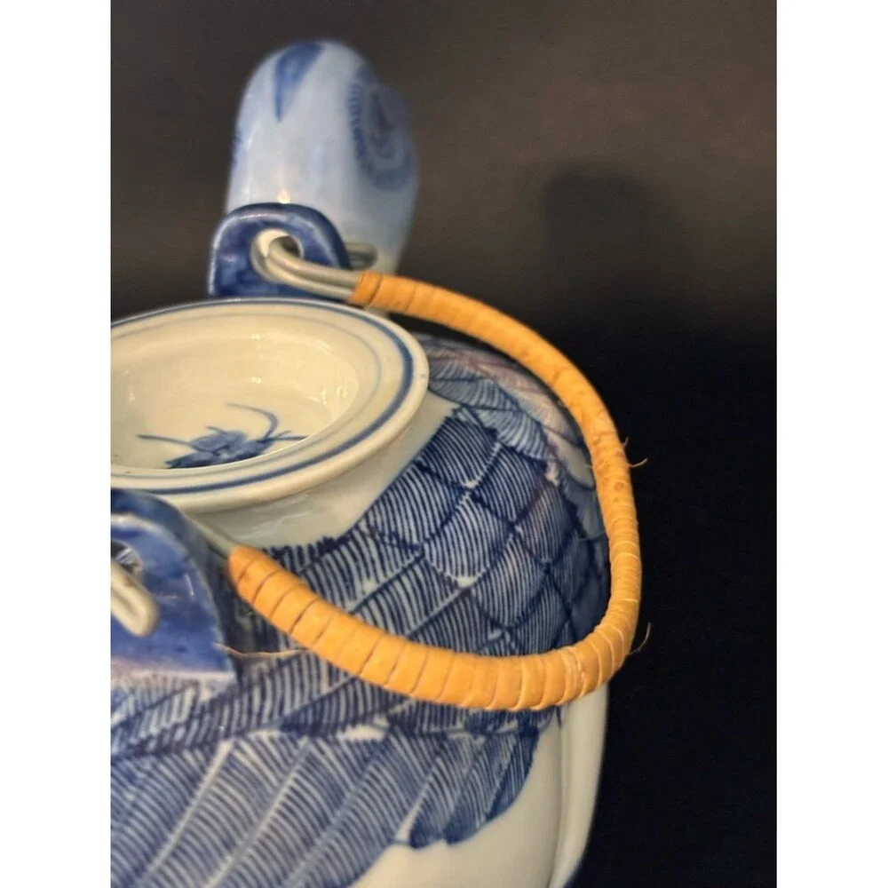 Vintage Blue & White Hand Painted Duck Teapot Floral Accents Made In China